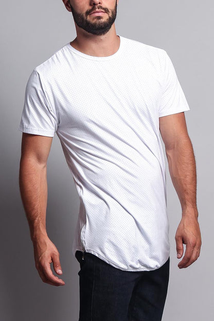 Perforated Faux Suede Long Length Curved Hem T-Shirt
