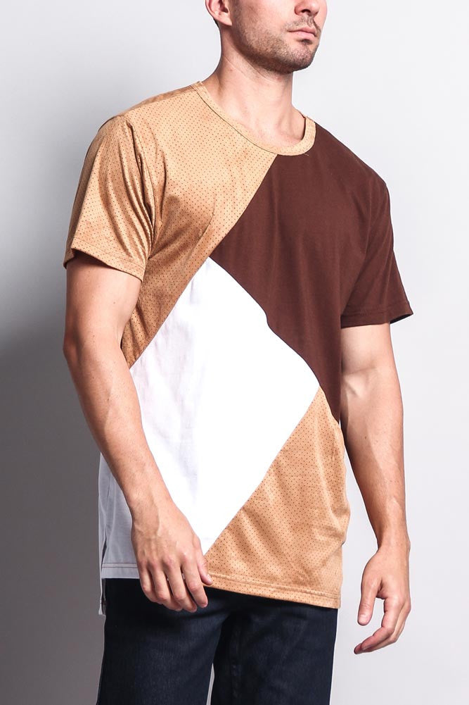 Diagonal Colorblock Poly Suede Mesh T-Shirt
