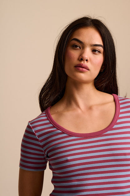 Vita - Ribbed Cotton Scoop Neck Short Sleeve T-Shirt in Blue & Burgundy Stripe