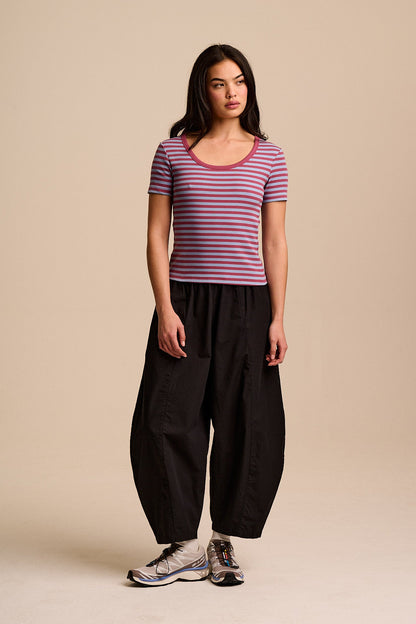 Vita - Ribbed Cotton Scoop Neck Short Sleeve T-Shirt in Blue & Burgundy Stripe
