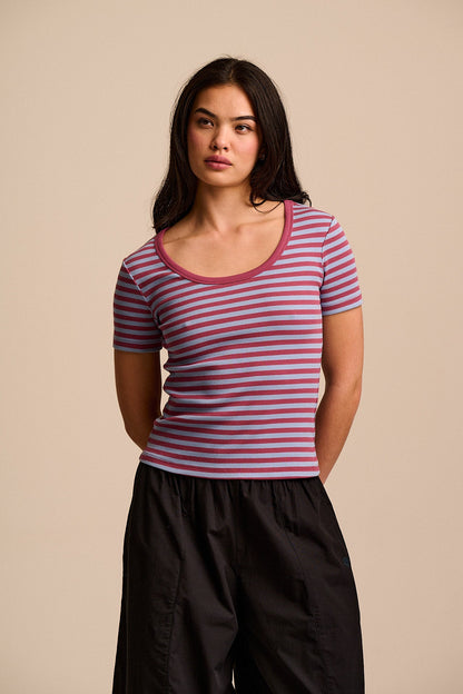 Vita - Ribbed Cotton Scoop Neck Short Sleeve T-Shirt in Blue & Burgundy Stripe