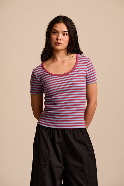 Vita - Ribbed Cotton Scoop Neck Short Sleeve T-Shirt in Blue & Burgundy Stripe