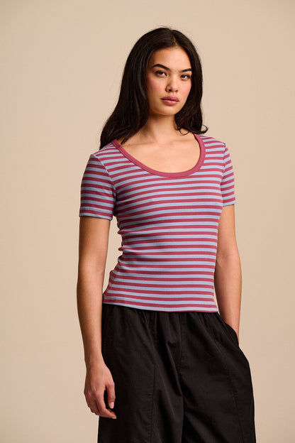Vita - Ribbed Cotton Scoop Neck Short Sleeve T-Shirt in Blue & Burgundy Stripe