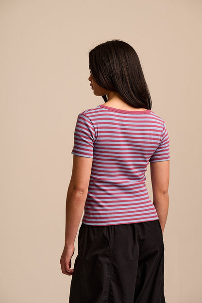 Vita - Ribbed Cotton Scoop Neck Short Sleeve T-Shirt in Blue & Burgundy Stripe