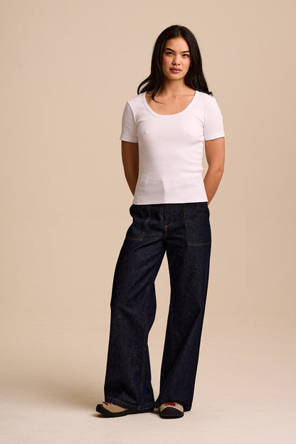 Vita - Ribbed Cotton Scoop Neck Short Sleeve T-Shirt in White