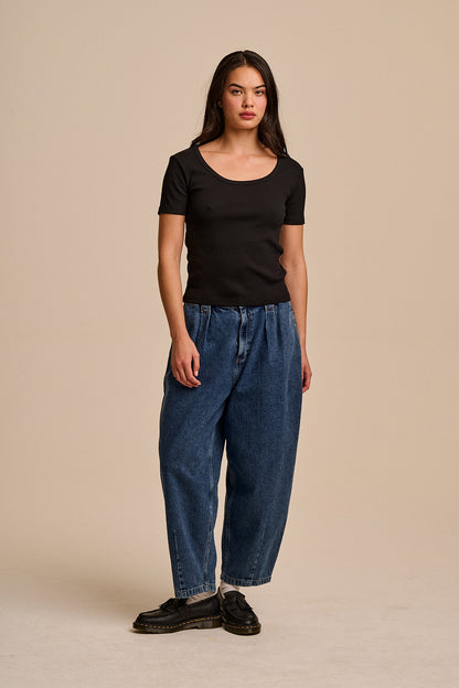 Vita - Ribbed Cotton Scoop Neck Short Sleeve T-Shirt in Black