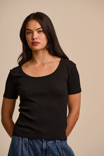 Vita - Ribbed Cotton Scoop Neck Short Sleeve T-Shirt in Black