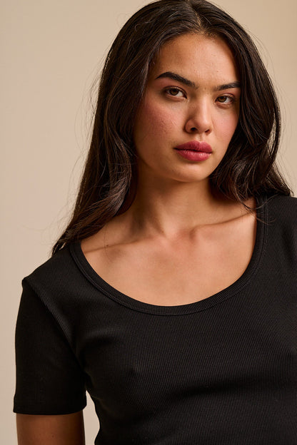 Vita - Ribbed Cotton Scoop Neck Short Sleeve T-Shirt in Black