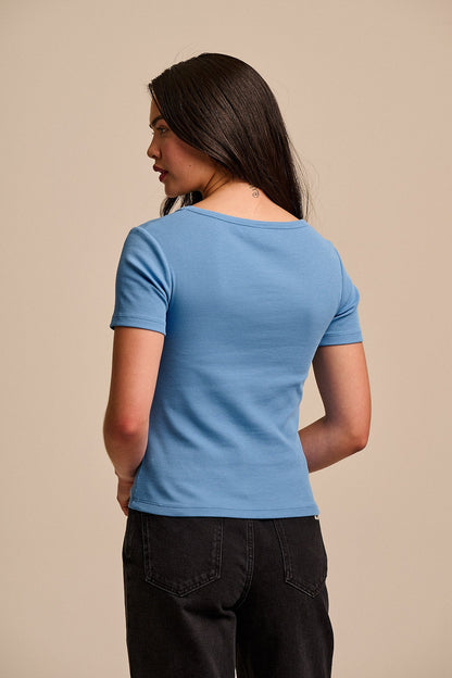 Vita - Ribbed Cotton Scoop Neck Short Sleeve T-Shirt in Light Blue