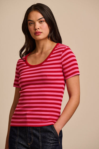 Vita - Ribbed Cotton Scoop Neck Short Sleeve T-Shirt in Red & Pink Stripe