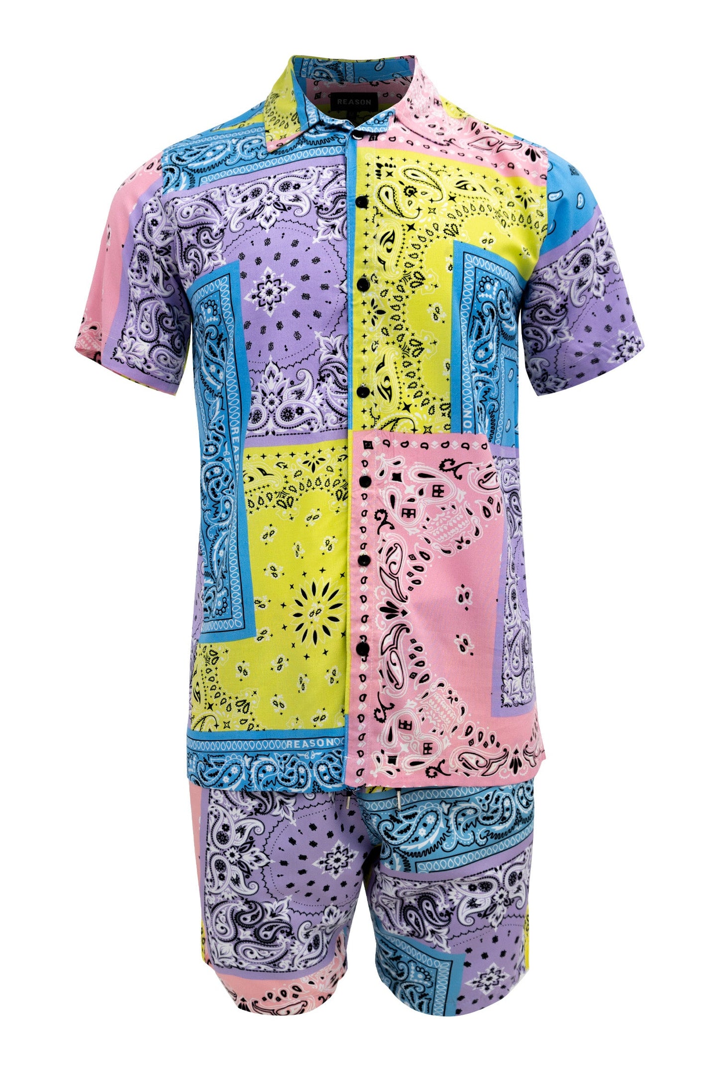 Men's Pastel Color block Bandana Shirt and Shorts Set