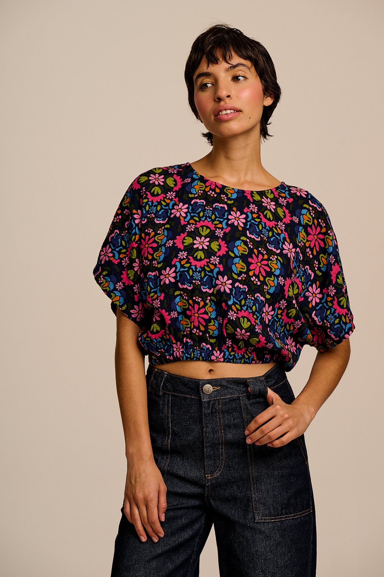 Zamora - Cotton Top in Blue Artisan Floral Patchwork