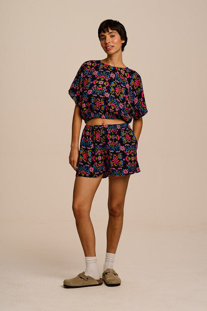 Zamora - Cotton Top in Blue Artisan Floral Patchwork
