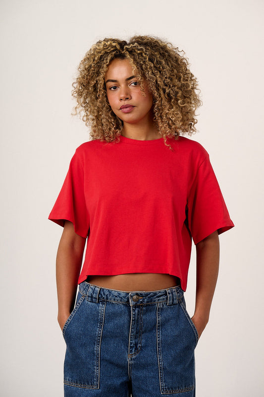 Zayla - Cotton Cropped Boxy T-Shirt in True Red