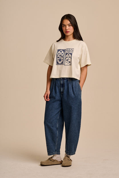 Zayla - Cotton Cropped Boxy T-Shirt in Ecru Walled Blooms