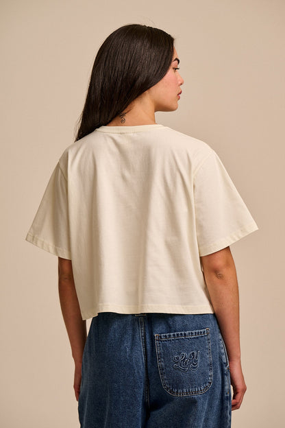 Zayla - Cotton Cropped Boxy T-Shirt in Ecru Walled Blooms