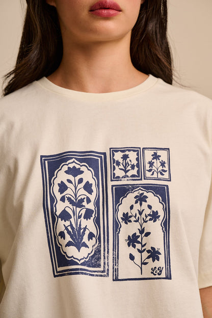 Zayla - Cotton Cropped Boxy T-Shirt in Ecru Walled Blooms