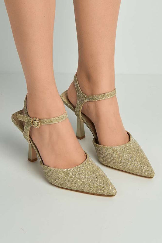 Desse Pointed Toe Shimmer Anklestrap Court Shoes in Gold Shimmer