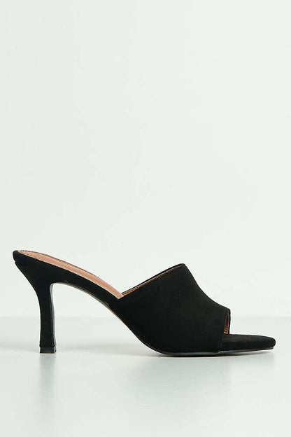 Giselle Peeptoe Plain Band Heeled Mules in Black Suede