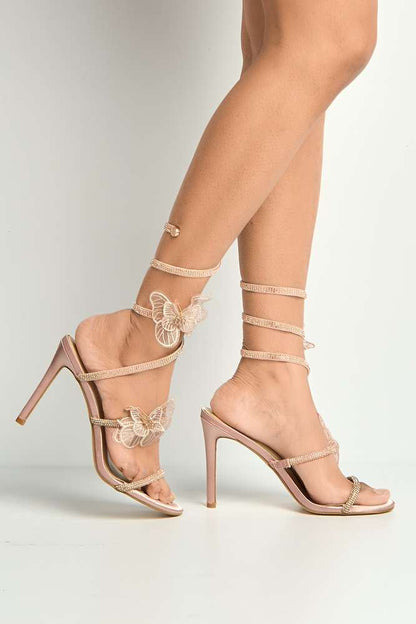 Loreli Flower Detail Diamante Heeled Sandals in Champagne