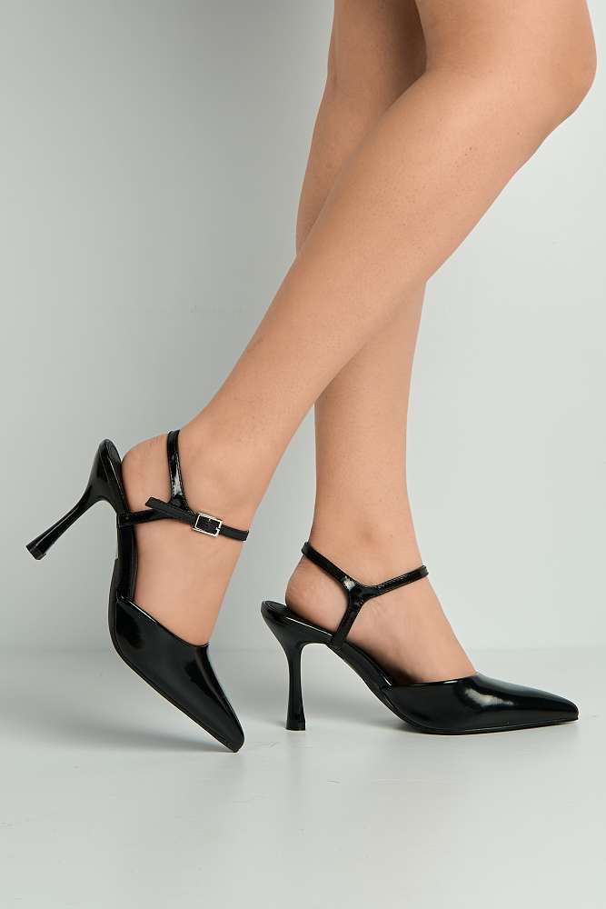 Asmira Pointed Toe Anklestrap Court Shoes in Black