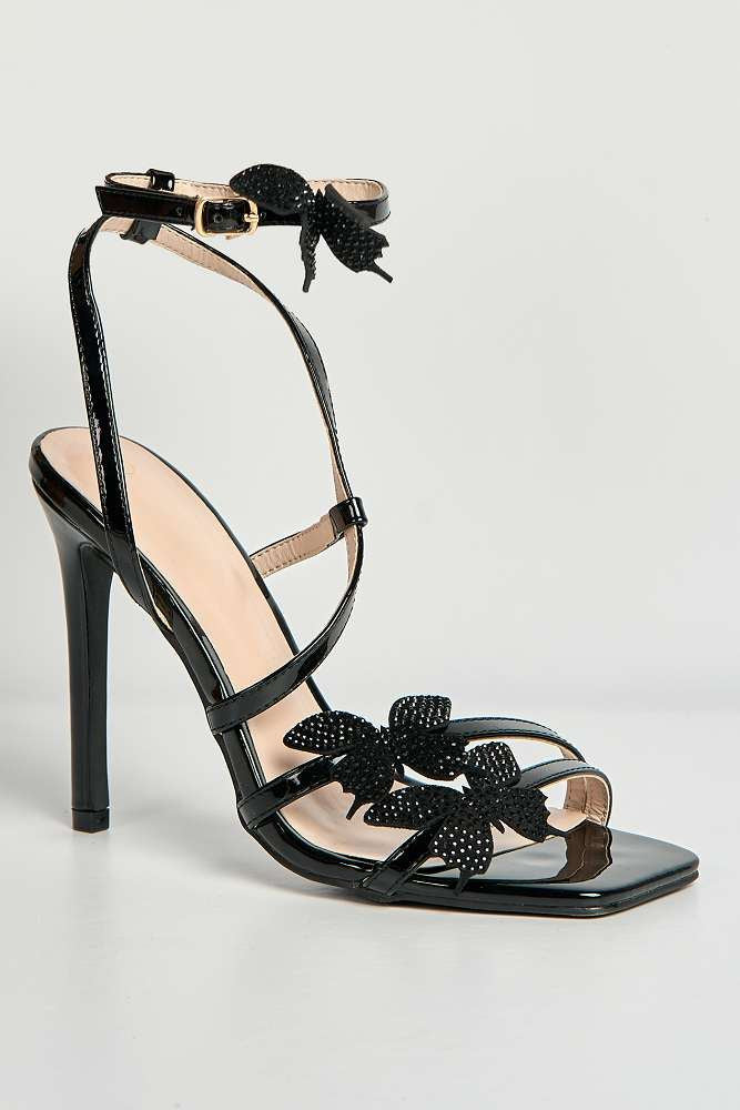 Demelza Flower Detail Diamante Embellished Heels in Black