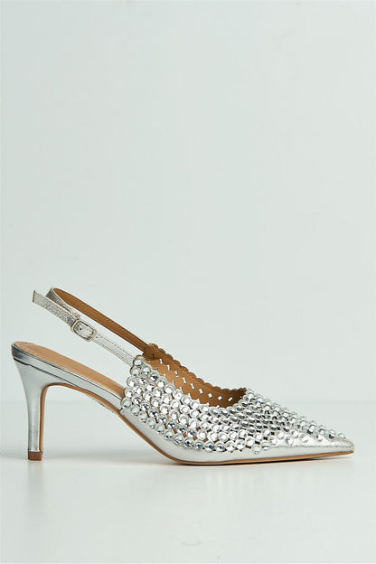 Seriea Mirror Encrusted Slingback Court Shoes in Silver