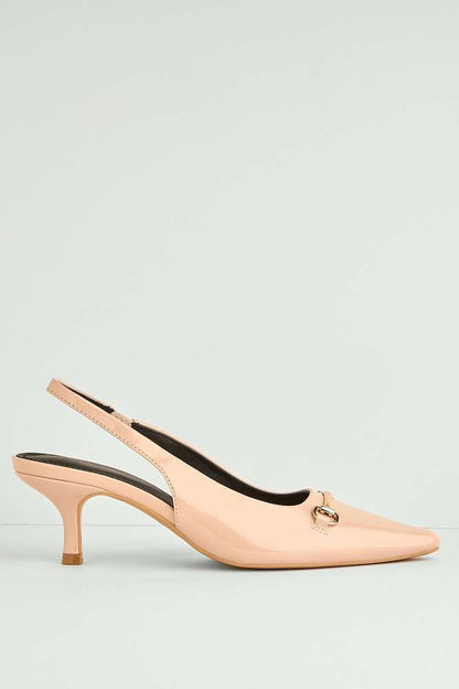 Ilana Horsebit Detail Pointed Toe Kitten Court Shoes in Nude