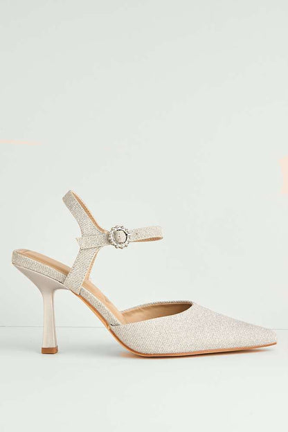 Desse Pointed Toe Shimmer Anklestrap Court Shoes in Silver Shimmer