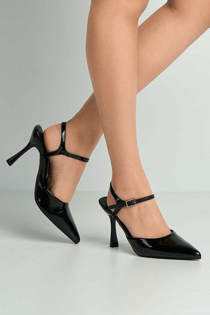 Asmira Pointed Toe Anklestrap Court Shoes in Black
