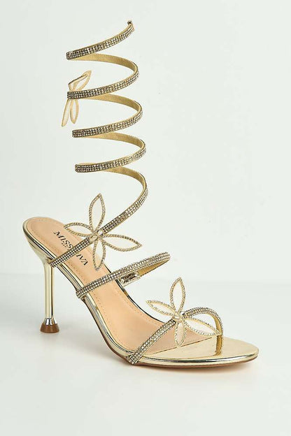 Toki Butterfly Detail Diamante Heeled Sandals in Gold Diamante