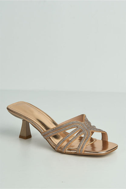 Blythe Diamante Strap Band Heeled Mules in Champagne