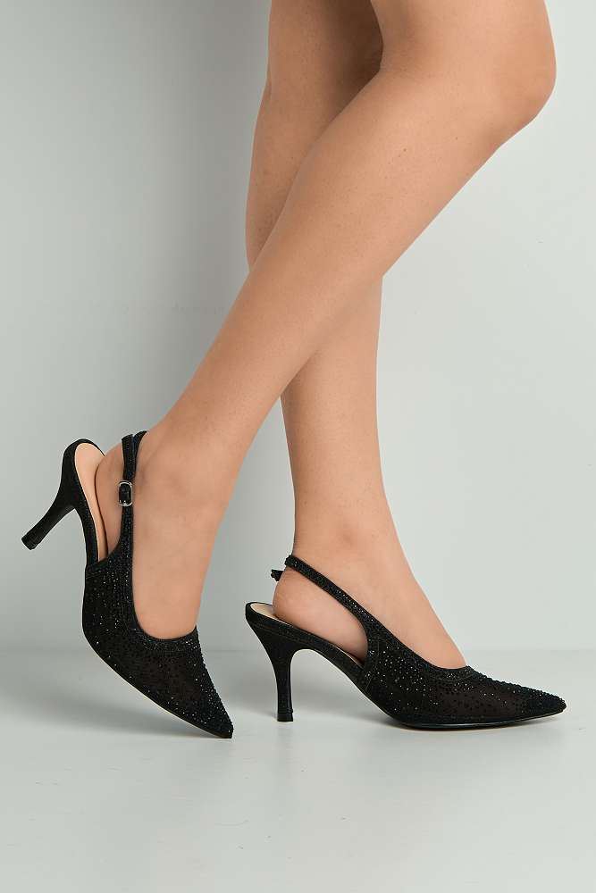 Aramina Gemstone Embellished Mesh Slingback Court Shoes in Black