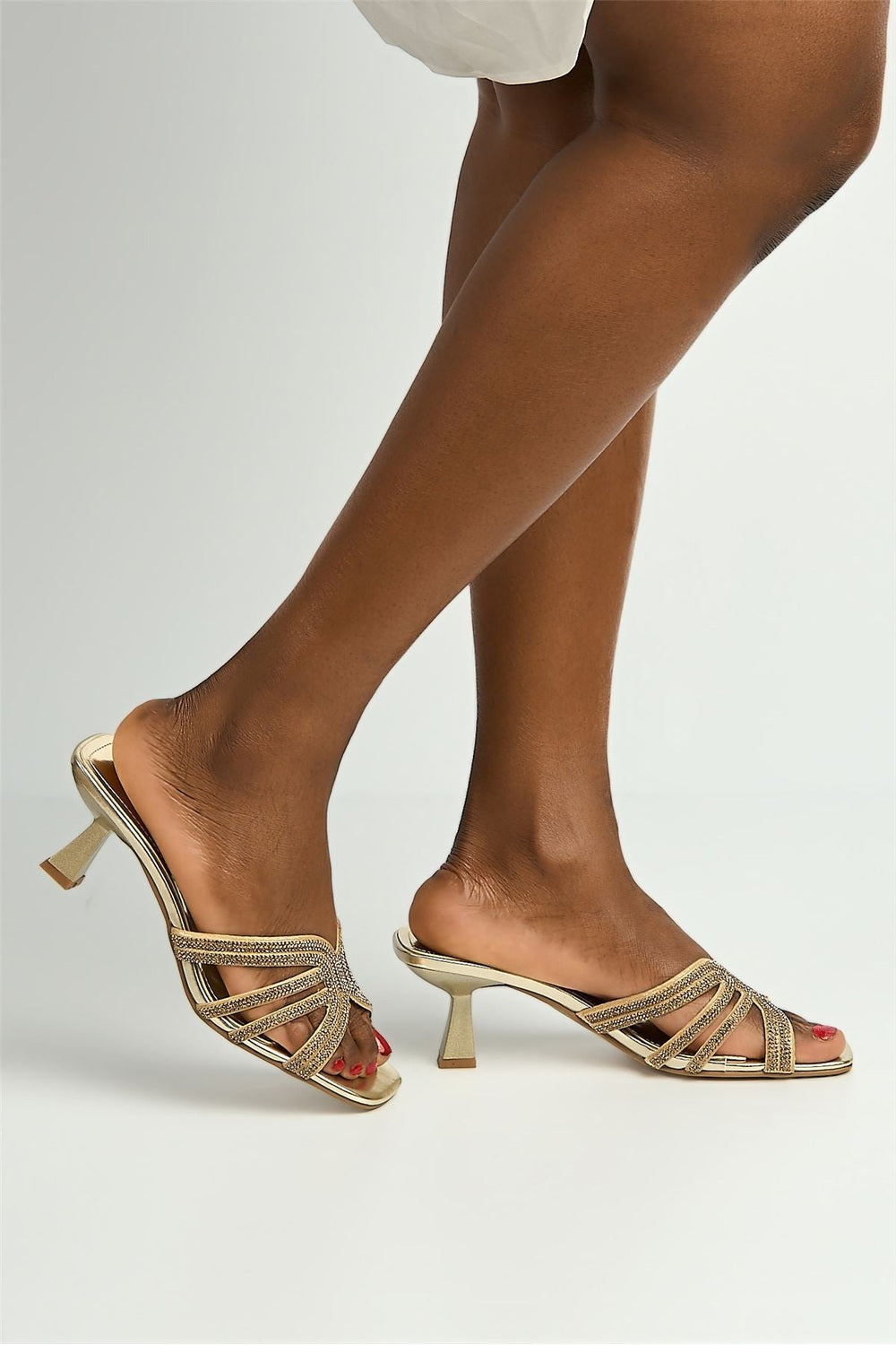 Blythe Diamante Strap Band Heeled Mules in Gold