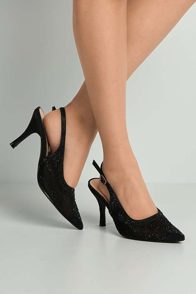 Aramina Gemstone Embellished Mesh Slingback Court Shoes in Black