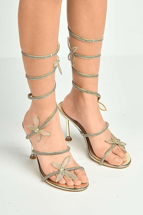 Toki Butterfly Detail Diamante Heeled Sandals in Gold Diamante