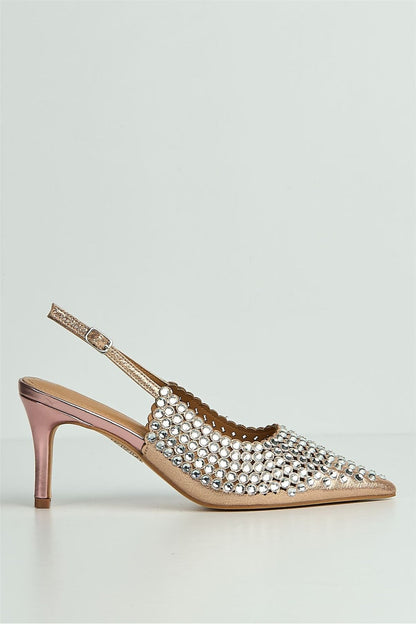 Seriea Mirror Encrusted Slingback Court Shoes in Rose Gold