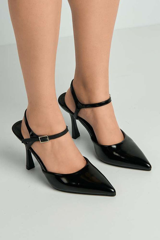 Asmira Pointed Toe Anklestrap Court Shoes in Black