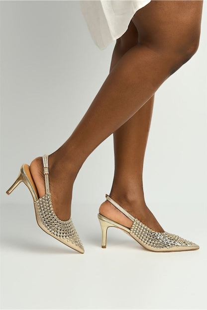 Seriea Mirror Encrusted Slingback Court Shoes in Gold