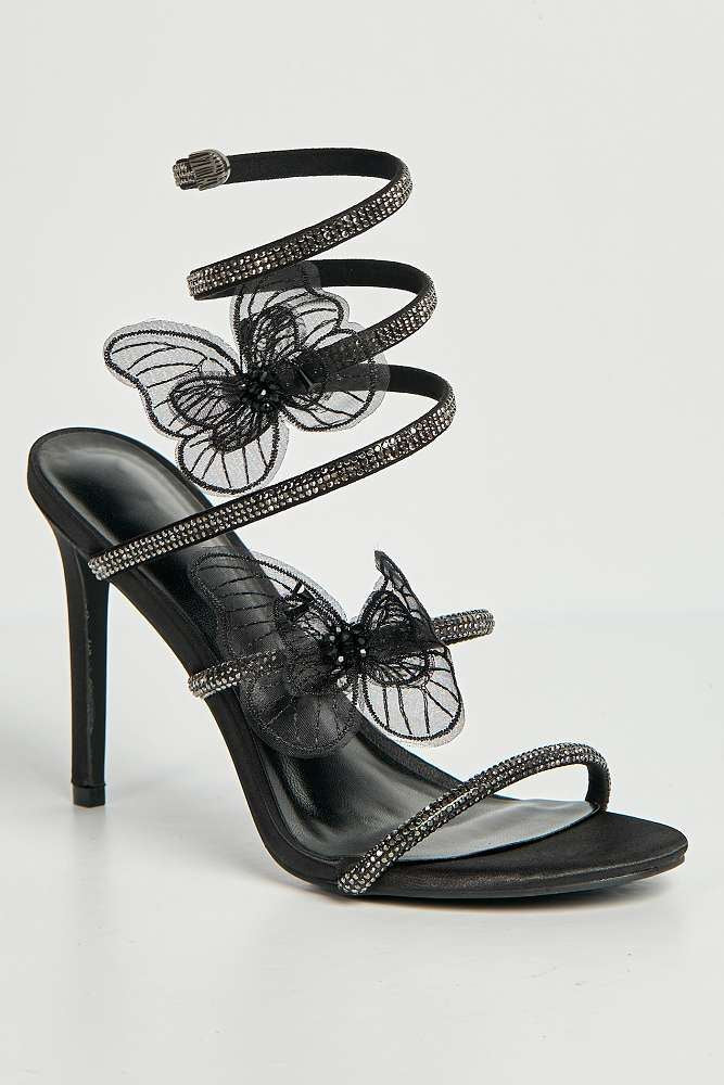 Loreli Flower Detail Diamante Heeled Sandals in Black