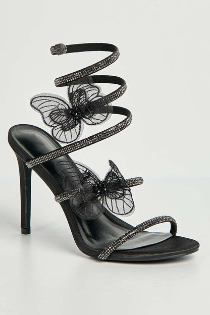 Loreli Flower Detail Diamante Heeled Sandals in Black