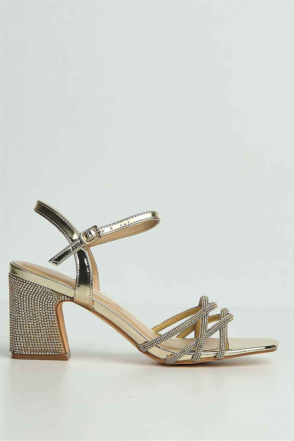 Valarie Diamante Strappy Block Anklestrap Heels in Gold