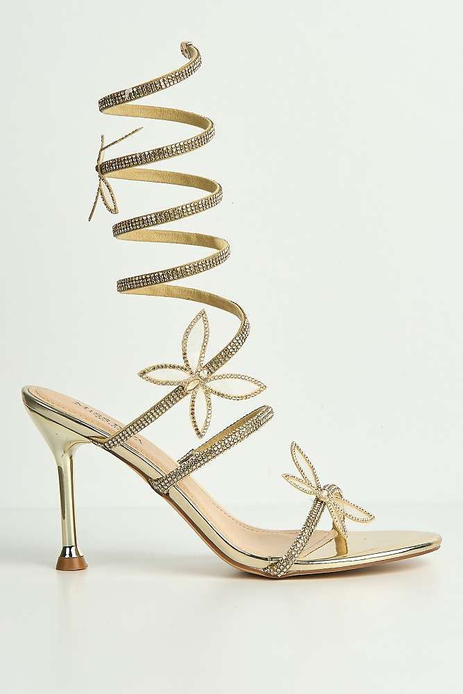 Toki Butterfly Detail Diamante Heeled Sandals in Gold Diamante