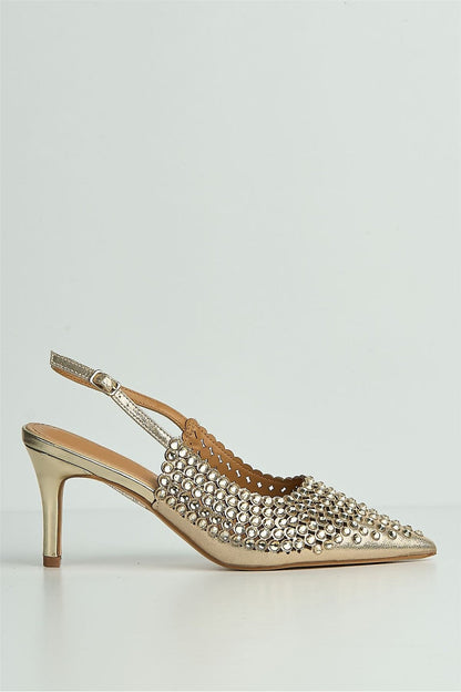 Seriea Mirror Encrusted Slingback Court Shoes in Gold