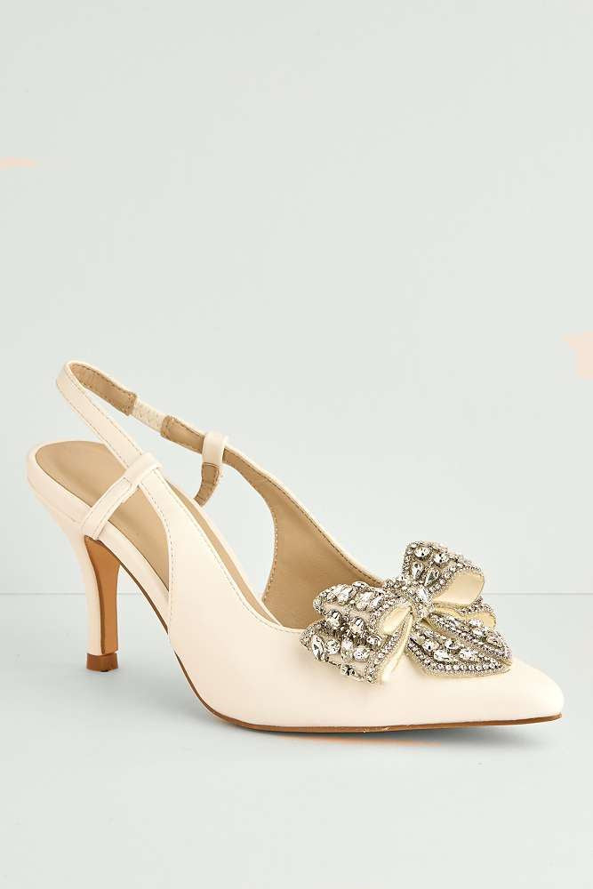 Celia Diamante Bow Pointed Toe Slingback Court Shoes in White
