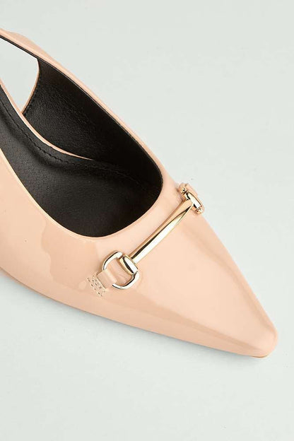 Ilana Horsebit Detail Pointed Toe Kitten Court Shoes in Nude