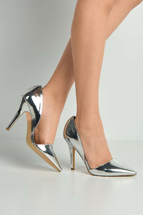 Milaya Cut-out Side Pointed Toe Court Shoes in Silver Metallic