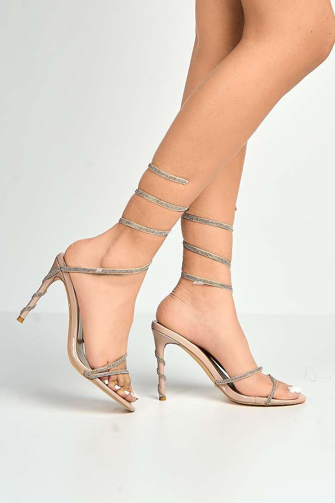 Curly Diamante Embellished Spiral Ankle Strap Sandals in Nude