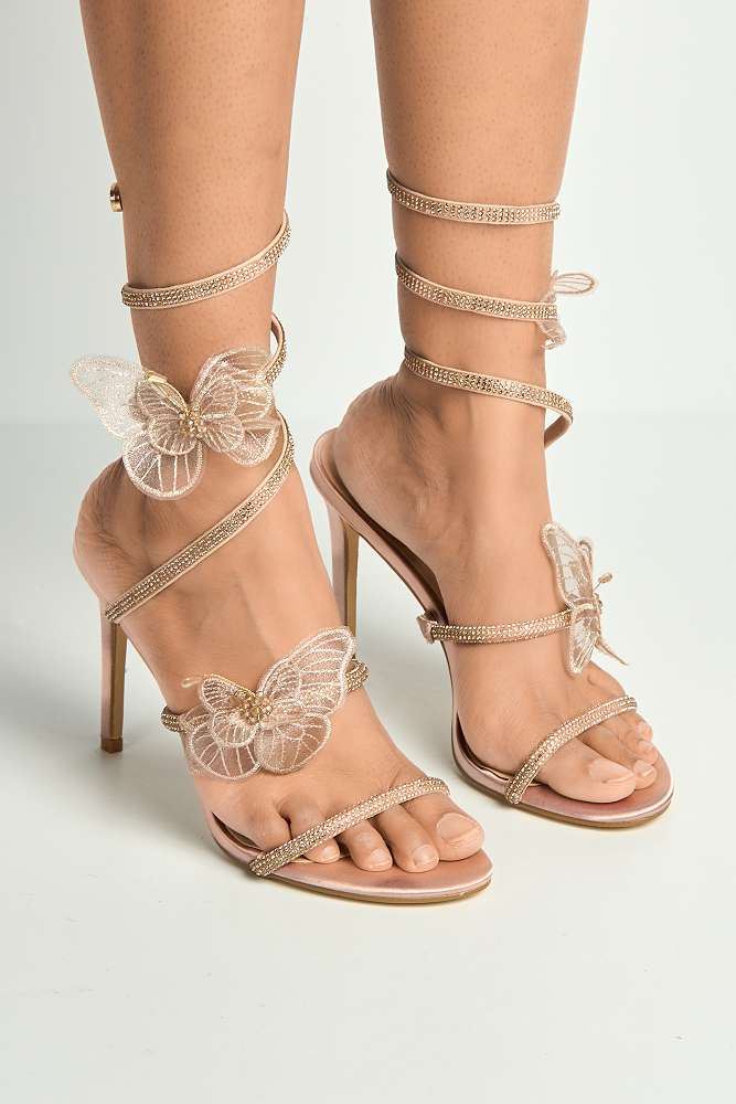 Loreli Flower Detail Diamante Heeled Sandals in Champagne