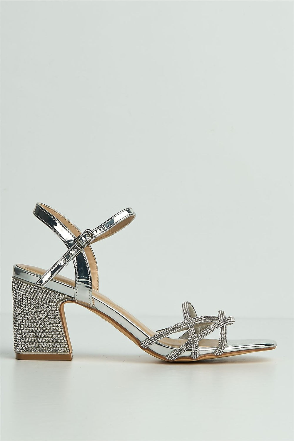 Valarie Diamante Strappy Block Anklestrap Heels in Silver